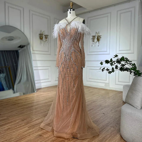 2025 Blue Feather Beaded Luxury Mermaid Evening Dresses Gowns for Women Formal Occasion LA72836