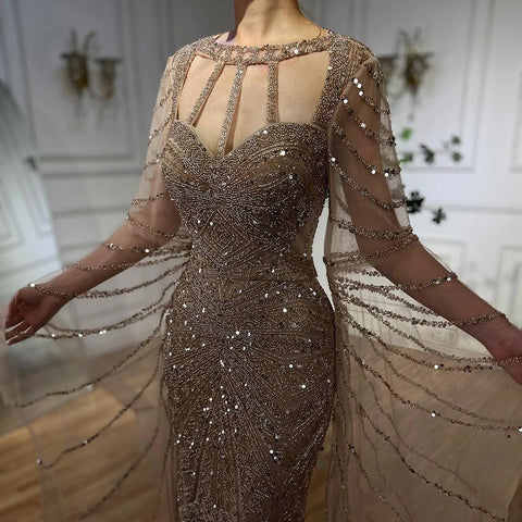 2025 Arabic Caramel Mermaid Evening Dress with Beaded Elegant Cape Sleeves Gown for Formal Occasion LA72708