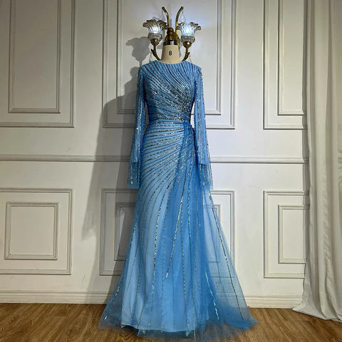 2025  Arabic Elegant Blue Beaded Saudi Evening Dresses Gowns for Formal Occasion LA72822