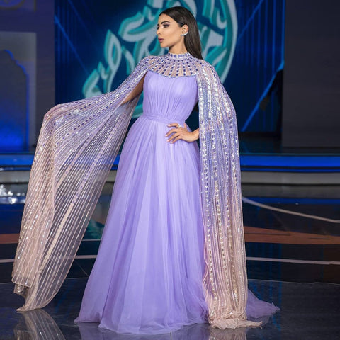 Purple Arabic A-Line Beaded Sexy Luxury Cape Sleeves High Neck Evening Dresses Gowns 2025 For Women Party LA71764