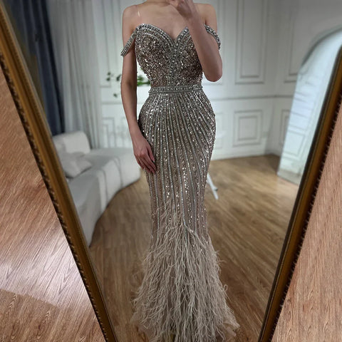 2025 Caramel Spaghetti Strap Mermaid Gown Feathers Beaded Luxury Saudi Evening Dress for Formal Occasion LA72715
