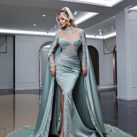 Robe de soirée élégante à col haut et manches cape perlées, style sirène, couleur menthe, idéale pour les fêtes, modèle LA71680, 2025 