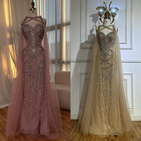 2025 Nude Cape Sleeves Beaded Crystal Arabic Evening Dresses Gowns For Women Wedding Party LA72806