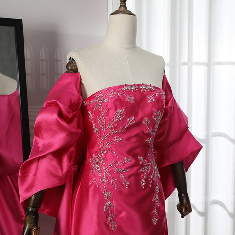 Vestidos de noche estilo sirena, corte sirena, sin tirantes, con chaqueta y cuentas, de satén fucsia árabe, para mujer, ideales para bodas y fiestas (LA71896) 