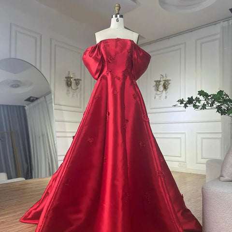 Elegant 3D Flowers Off Shoulder Red Evening Dress LA72778