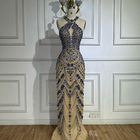 2025 Elegant Blue Saudi Arabic Halter Neck Evening Gown Crystal Beaded Dress for Formal Occasion LA72760