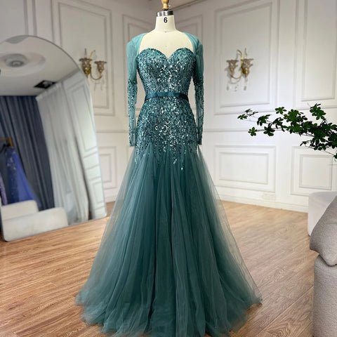 On Sale no return no refund Arabic Sexy Sweetheart Fuchsia A Line Long Sleeves Luxury Beaded Evening Dresses Gowns For Women Party 2025 LA71810