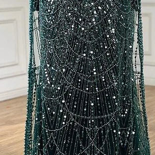2025 Saudi Arabic Turquoise Mermaid Evening Dress With Pearls Beaded Cape Sleeves For Formal Occasion LA72590A