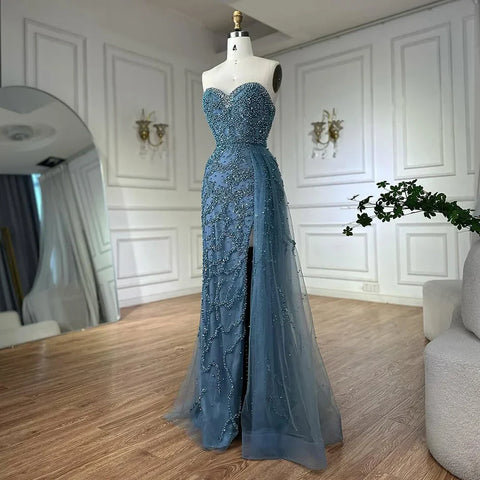 2025 Saudi Arabic Evening Gown for Formal Occasion Elegant Blue Beaded Dress with Slit LA72877
