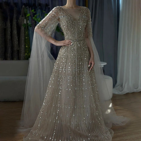 Robe de soirée bleue de luxe à manches cape LA72666