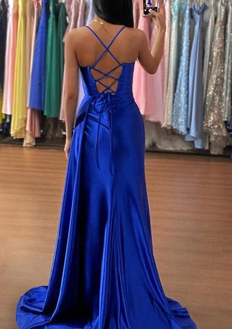 2025 Arabic Blue Mermaid Spaghetti Straps Silk-like Satin Ruched Prom Dress for Women's Party LA72682