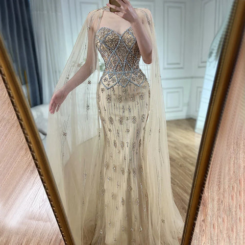 2025 Nude Saudi Evening Gown Mermaid Detachable Cape Sleeves Luxury Beaded Dress for Formal Occasion LA72716