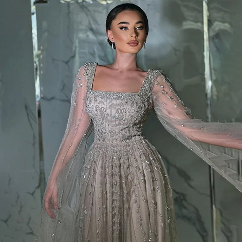 Muslim Caramel Beaded A-Line Luxury Evening Dress Gown with Cape Sleeves LA71803A