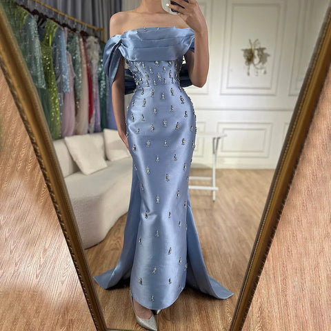 2025 Arabic Blue Beaded Crystal Ankle-Length Mermaid Satin Evening Dresses Gowns for Women Wedding Party LA72414A