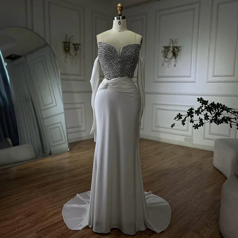 2025 Elegant White Arabic Strapless Evening Gown with Crystal Beaded Dress and Gloves for Formal Occasion LA72758