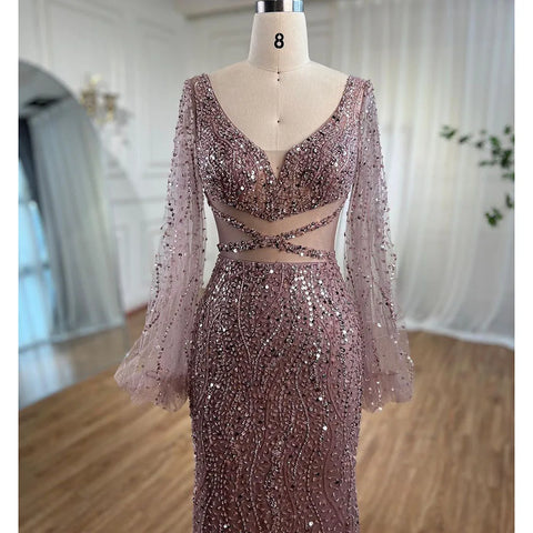 Sexy Mint Mermaid Elegant V-Neck Beaded Luxury Arabic Shiny Evening Dresses Gowns For Women Party 2025 LA71784