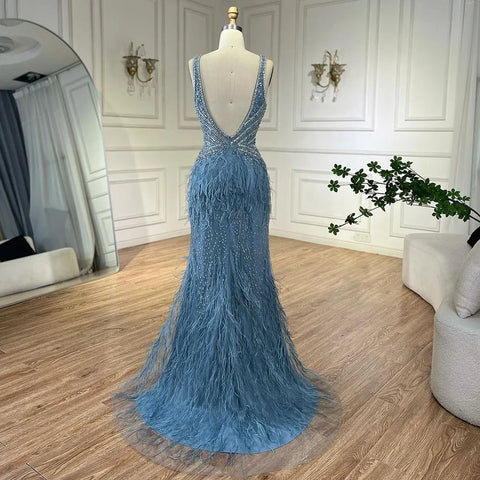 Gold Sexy High Split Mermaid Evening Dresses Gowns Backless Luxury Beaded Feather 2025 For Women Party LA71583