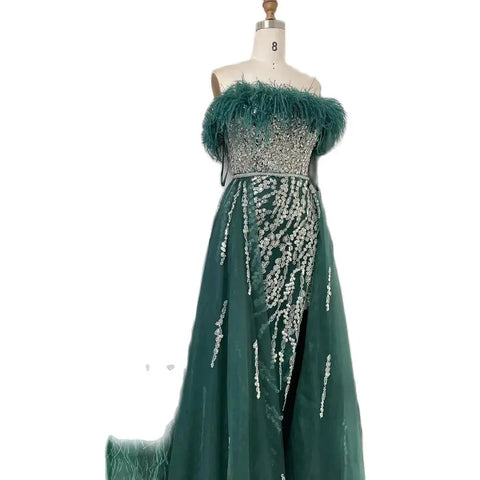 Vestido de noche elegante de sirena con plumas y sobrefalda azul diamante 2025 para mujer, ideal para bodas y fiestas LA72061 