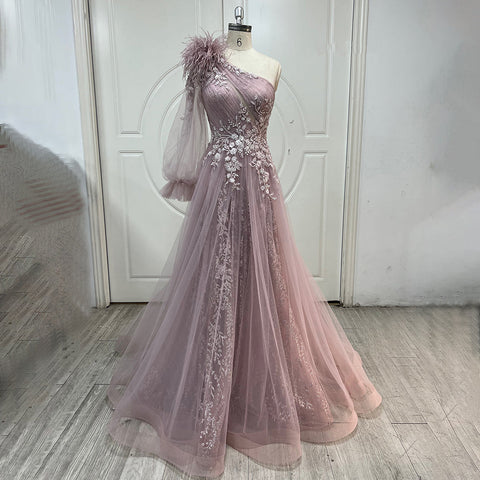 Pink A-Line Split Luxury Evening Dresses Gowns 2025 Beaded Elegant Feathers One Shoulder For Women Party LA71689