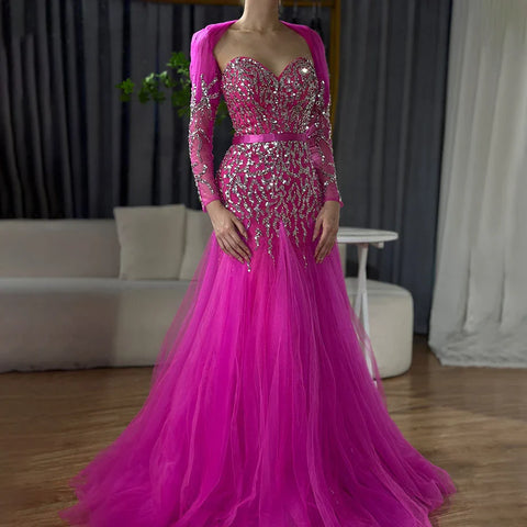 On Sale no return no refund Arabic Sexy Sweetheart Fuchsia A Line Long Sleeves Luxury Beaded Evening Dresses Gowns For Women Party 2025 LA71810