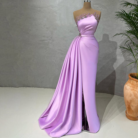 Lilac Mermaid Elegant Satin Strapless Evening Dresses Gowns 2025 Beaded For Women Party LA71674