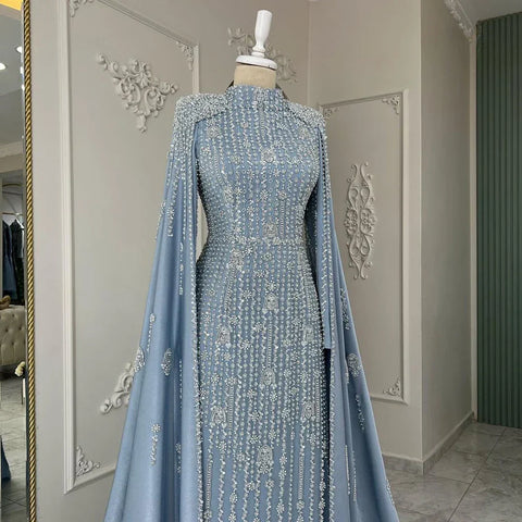 2025 Luxury Dubai Blue Muslim Mermaid Beaded Evening Gowns with Cape Sleeves for Women's Party LA72533