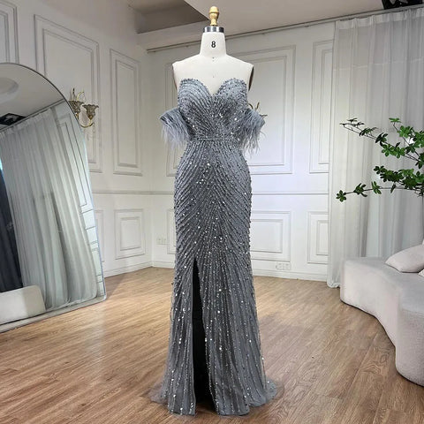 Green Mermaid High Split  Spaghetti Strap  Evening Dresses Feather Beaded Gowns For Women Party LA72238