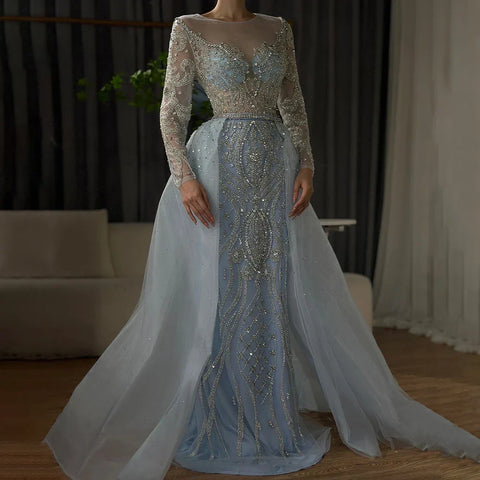 Nude Luxury Muslim Mermaid Evening Dresses Gowns 2025 Beaded Overskirt Elegant For Women Party LA71597