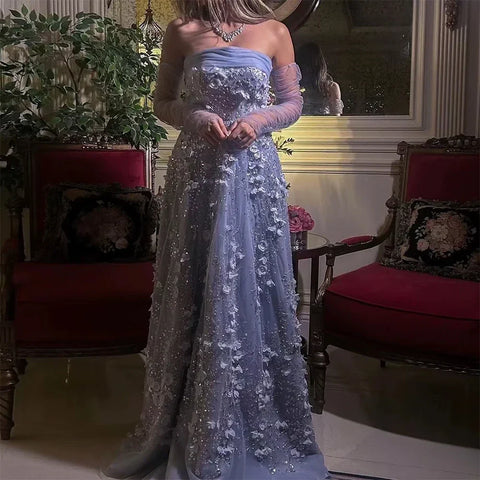 Elegant Peach 3D Flowers Evening Dress with Gloves Arabic Women Wedding Party LA72912