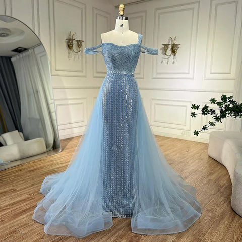 Robe de soirée élégante style sirène dorée, asymétrique, avec jupe perlée, luxueuse, pour femme, tenue de mariage, modèle LA72453, 2025 