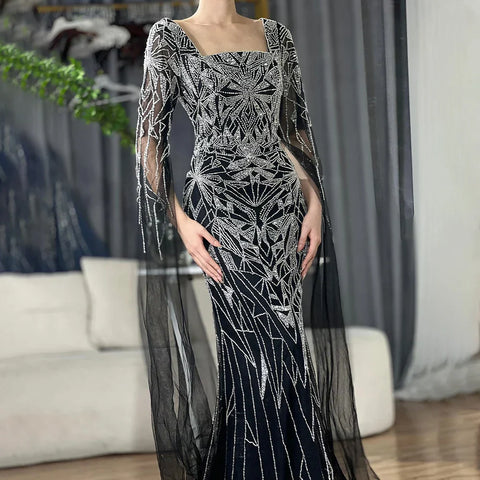 2025 Arabic Nued Cape Sleeves Mermaid Saudi Evening Dresses Beaded Luxury Party Gowns for Formal Occasion LA72261B