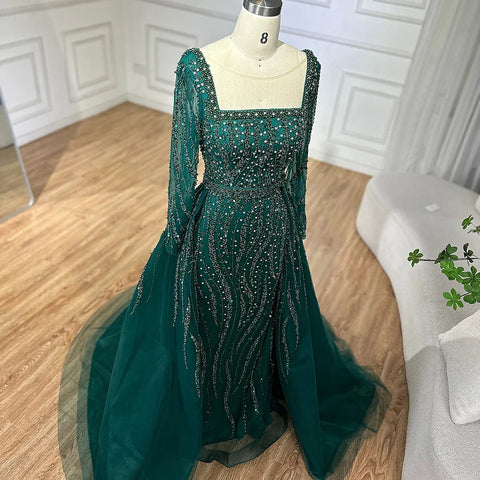 Robe de soirée sirène verte style arabe avec jupe et perles, luxueuse tenue de soirée pour occasions spéciales (2025) (LA72710) 