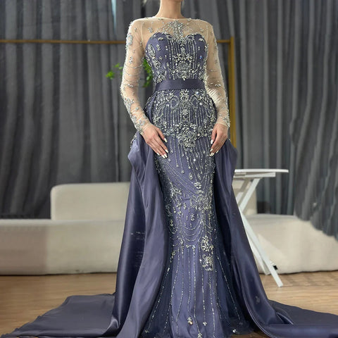 Luxury Beaded Blue Long Sleeves Evening Dresses with Overskirt  LA72757