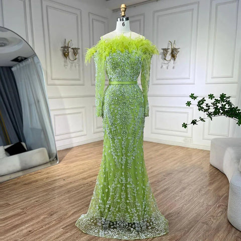 Vestido de noche de lujo con escote barco estilo sirena, elegante, plumas y cuentas, color verde Dubái, para mujer, para fiesta de bodas, LA72553 