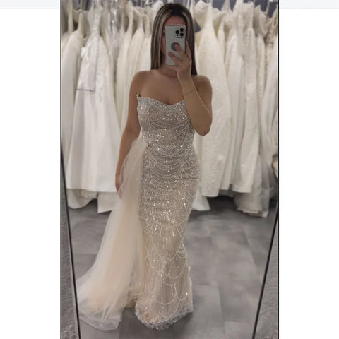 Nude Strapless Beaded Evening Gown with Sheer Side Train for Formal Occasion LA72886 2025