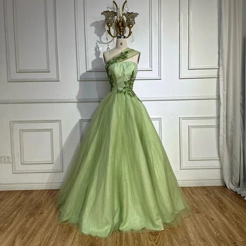 2025 Sage Green Elegant One-Shoulder A-Line Appliques Long Arabic Evening Gown for Formal Occasion LA72783