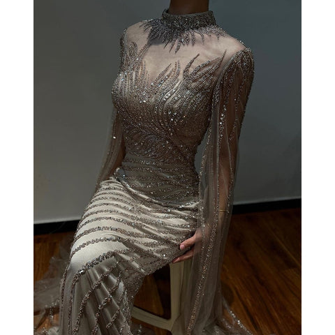 Robe de soirée longue style sirène arabe caramel, manches cape, dentelle et perles, tenue de mariage, LA71885 