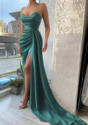 2025 Arabic Green Mermaid Sweetheart Strapless Court Satin Prom Dress with Pleated Split for Women's Party LA72686