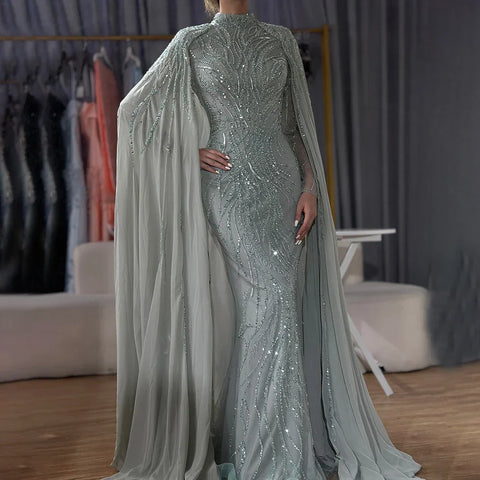 Muslim Sage Green Mermaid Cape Sleeves Beaded Satin Luxury Evening Dresses Gowns for Women Party 2025 LA72413A