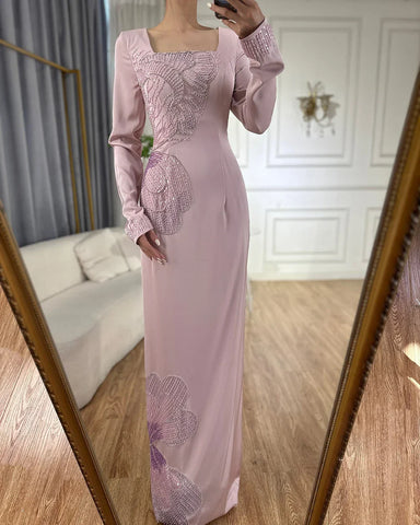 2025 Arabic Pink Mermaid Elegant Beaded Satin Luxury Dubai Evening Dresses Gowns For Women Party LA72001A
