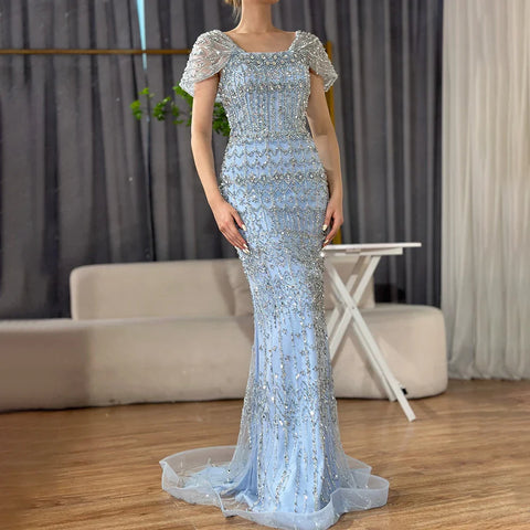Arabic White Luxury Dubai Mermaid Evening Dress with Cap Sleeves LA72714