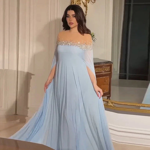 2025 Arabic Luxury Crystal Dubai A-Line Baby Blue Evening Dress with Elegant Kaftan for Formal Occasion LA72766