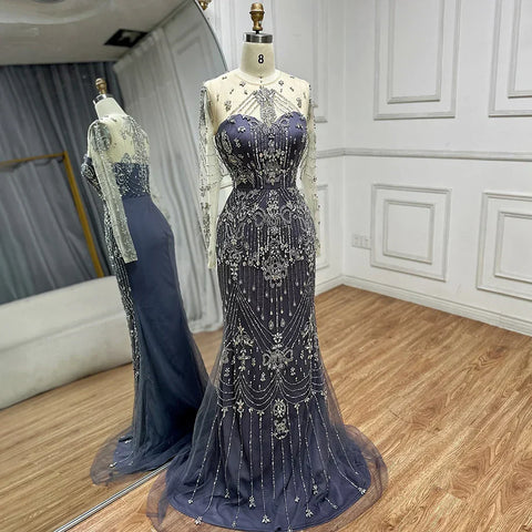 Luxury Beaded Blue Long Sleeves Evening Dresses with Overskirt  LA72757