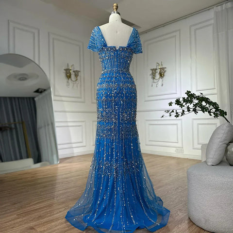 Arabic White Luxury Dubai Mermaid Evening Dress with Cap Sleeves LA72714