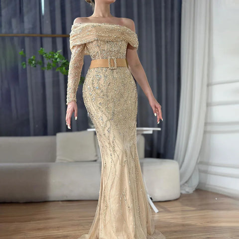 Vestidos de noche de lujo estilo sirena color nude árabe, con un solo hombro y cuentas, estilo Dubai, para mujer, ideales para bodas y fiestas (2025) LA72161 