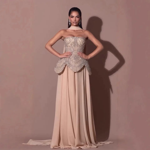 Vestidos de noche de lujo de diseñador, color nude, con cuentas, LA72915