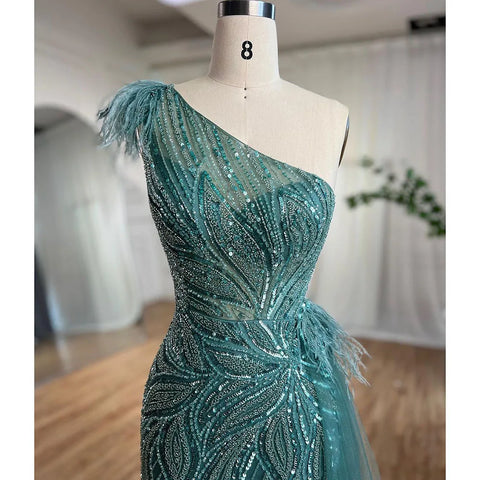 Turquoise Mermaid Sexy High Split With Skirt Beaded Feathers Evening Dresses Gowns 2025 For Women Party LA71955