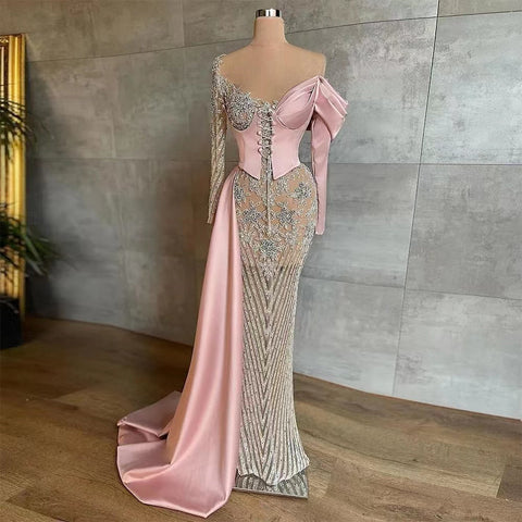 Robe de soirée sirène en satin rose arabe, élégante, avec jupe perlée, pour femme, tenue de mariage, modèle LA71946, 2025 