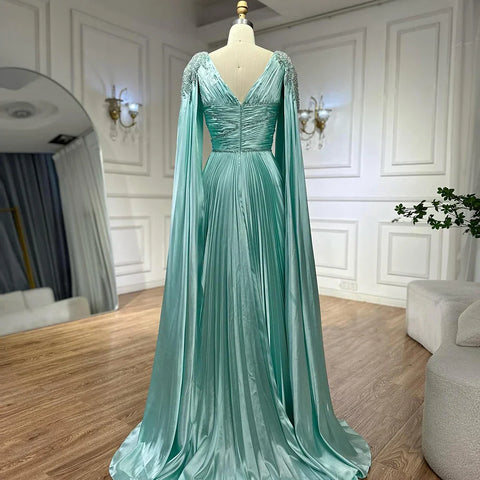 Rose Gold Beaded Satin A-Line Evening Dress Gown with Cape Sleeves LA72663