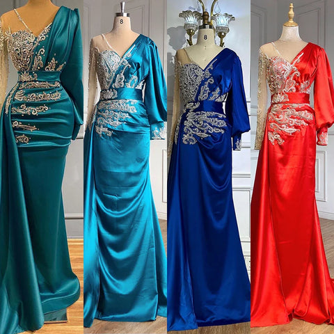 Green Mermaid Satin Evening Dresses Gowns 2025 Muslim Elegant Beaded Luxury For Women Party LA71370